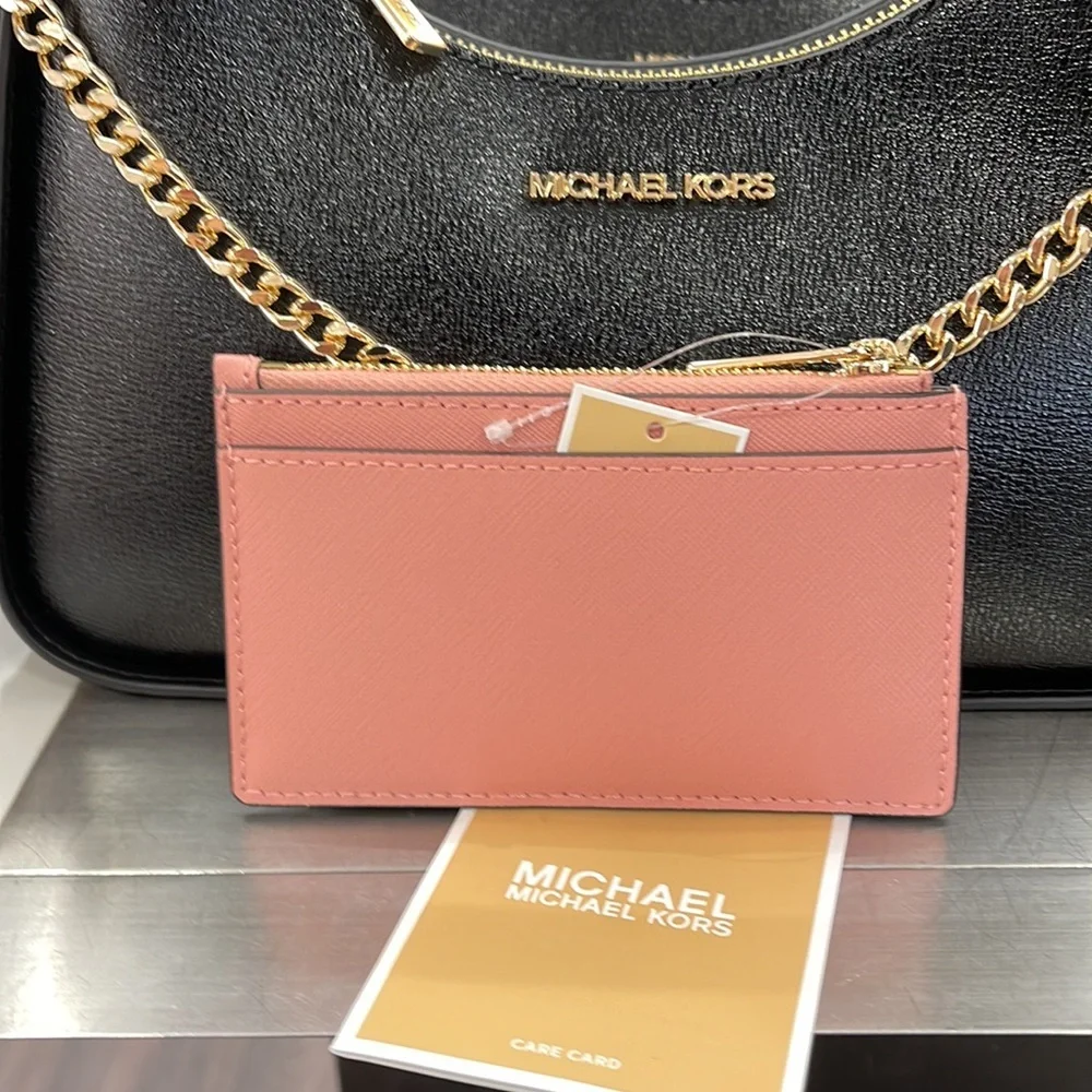 MICHAEL KORS Jet Set Travel Medium Top Zip Leather Card Case Wallet Primrose NWT
